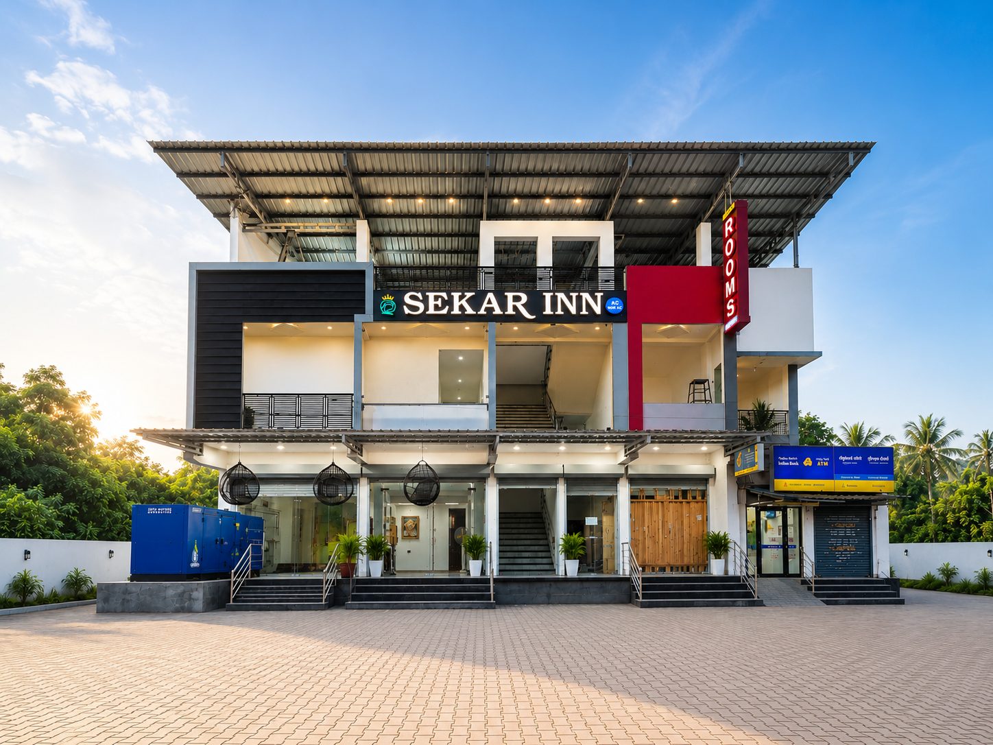Sekar Inn hotel building exterior in the evening, Arumuganeri, Thoothukudi